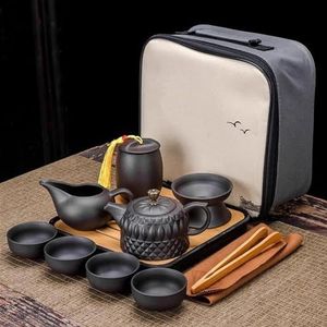 Thee Sets Chinese Teawere Retro Designer Cool Paars Zand Keramische Theepot Set Reizen Kong Fu Thee Kit Gift Porselein Paars Zand Pot Zetgroep Theeset Reis Theepot (Color : H)