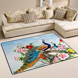 Vloerkleed 100 x 150 cm, pauw met bloemenprint, wasbaar, kantoormatten, decoratie, flanellen mat, voor zwembad, binnen en buiten
