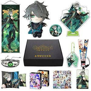 MOTAO Genshin Impact Box Xiao Hu Tao Qiqi Merch Set - pop, poster, kussensloop, standfiguur, armband, badge, sleutelhanger, kaarthouder, 30 Lomo-kaarten, 50 stickers (Al Haitham)