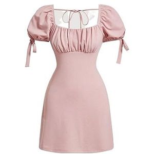 jurken voor dames Jurk met ruches bij de buste, rugloze pofmouwen (Color : Baby Pink, Size : L)