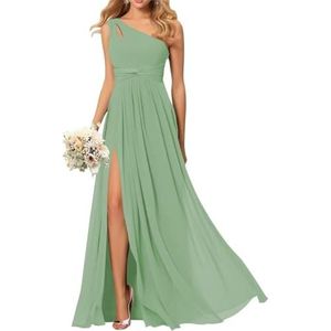 SAMHO Avondjurk met één schouder voor dames, chiffon, bruidsmeisjesjurk met zakken, lang, geplooid, A-lijn, split, Stoffige Salie, 32