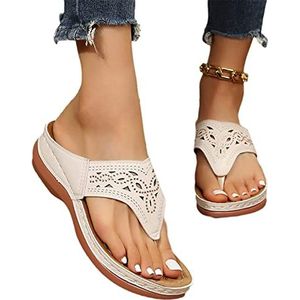 MITLOW Dames Orthopedische Sandalen Nieuwe Teenslippers Met Steentjes Mode Holle Teen Sandalen Zomer Clip -Toe Slippers PU Lederen Platform Slippers Vrije tijd Strandschoenen, 39, Beige