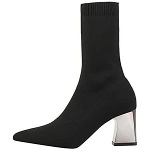 TABKER Sandalen met hak dames korte teen gebreide enkellaars, hoge elastische hak, herfst (kleur: zwart, maat: 3,5 UK)