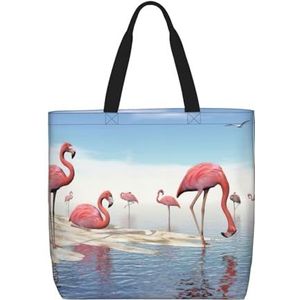 EdWal Fox Print Lichtgewicht Reizen Tote Bag,Casual Schoudertas Shopper Handtas Werk Tote Bag, Flock van roze flamingo's op het strand, Eén maat