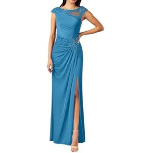 Dames chiffon moeder van de bruid jurk met zakken avondgalajurken cocktailjurk grote maten, Blauw, 32