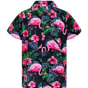 King Kameha Funky Hawaïhemd voor heren, korte mouwen, voorzak, Hawaii-print, vakantie, strand, party, bloemenprint, flamingo-print, Flamingoflowers-blackpink, L