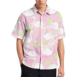 Witte Zwaan in Roze Sweet River Hawaiiaans Shirt Voor Mannen Zomer Strand Casual Korte Mouw Button Down Shirts met Zak