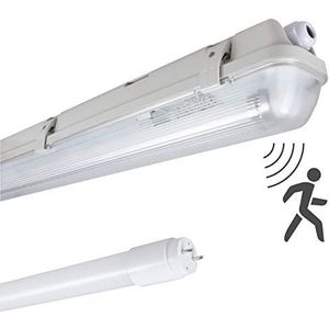 proventa IK08, lamp voor vochtige ruimtes met RF-bewegingsmelder en LED-buis 120 cm, 14 W, 2.100 lumen, 4.000 K, IP65, 50.000h, kunststof grijs, flikkervrij