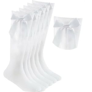 HiFEN® 3 paar kniekousen voor meisjes, met pluizige linten, strik, terug naar schooluniform, feestkleding, lange sokken, Wit, 4-7 Years