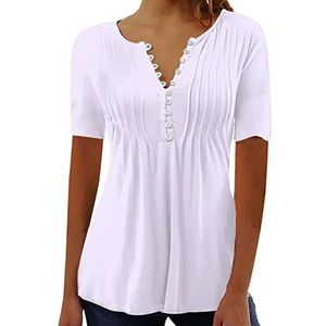 beetleNew Vrouwen Henley Shirts Casual Slim Fit Knop V-hals Ruches Tuniek Tops Korte Mouw Effen Blouse Button Down Top Sale, Mode Dames Tops UK, Wit, L