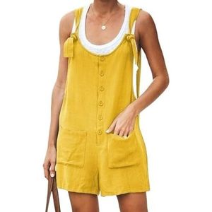 Jumpsuits Voor Vrouwen Zomer Casual 2 Sets Vrouwen Casual Jumpsuits Shorts Losse Rompertjes Zomer Effen Kleur Knop Vrouwen Playsuits, Geel, 5XL