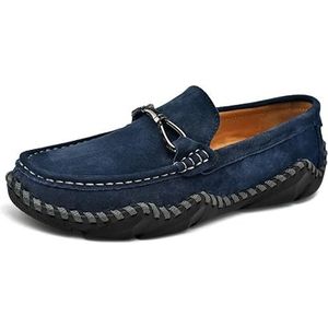 Heren Loafers Schoenen Ronde Neus Effen Kleur Suede Loafer Schoenen Antislip Platte Hak Antislip Bruiloft Instappers (Color : Blue, Size : 44 EU)
