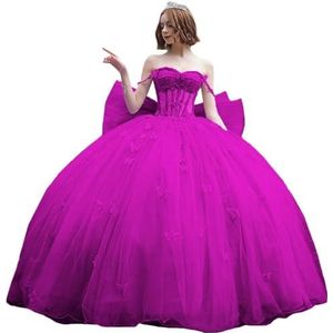 Fuomomo Quinceanera-jurk met dunne bandjes en vlinderglitter, Quinceanera-jurk met vlinders en grote strik, baljurk van kant met parels MT053, Fuchsia, 36