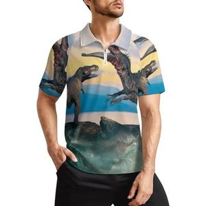 3D prehistorische dinosaurus heren golfpoloshirts klassieke pasvorm korte mouw T-shirt gedrukt casual sportkleding top XL