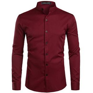 PARKLEES Heren Slim Fit Lange Mouw Button Up Casual Band Kraag Shirts, Bordeaux, S