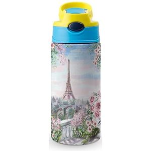 Zomer in Parijs Schilderij 12oz Water Fles met Stro Koffie Tumbler Water Cup Rvs Reizen Mok Voor Vrouwen Mannen Blauwe Stijl