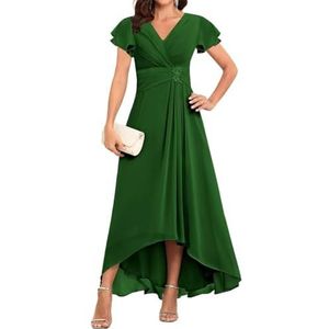 WSEYU Korte Mouw Moeder Van De Bruid Bruidegom Jurken Chiffon Kralen Formele Avond Grootmoeder Jurken Thee Lengte ZM203, Emerald Groen, 32