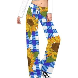 Heldere zonnebloemen op blauwe geruite damesbroek casual broek elastische taille lounge broek lange yogabroek rechte pijp