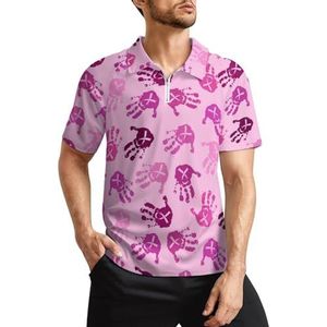 Roze kanker lint handafdruk heren golfpoloshirts klassieke pasvorm korte mouw T-shirt gedrukt casual sportkleding top M