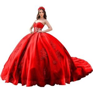 Fuomomo Quinceanera Prinsessenjurk met ruches en staart Quinceanera jurk van tule met parels schattige jurk 16 MT052, Rood, 40