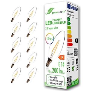 10 stuks greenandco® CRI90+ filament LED lamp vervangt 20 Watt E14 kaars, 2W 200 Lumen 2700K warm wit 360° 230V AC glas, niet dimbaar, flikkervrij