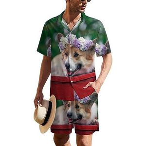 Schattige corgi met lila bloemen Hawaiiaanse pak voor heren, 2-delige strandoutfit, shirt met korte mouwen en korte broek, bijpassende set
