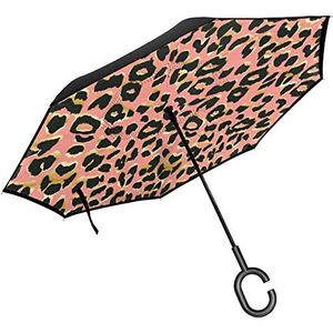 JOJOshop Living Koraal Luipaard Print C Vorm Handvat voor Auto gebruik, Winddicht en Waterdicht Omgekeerde Vouwen Lichtgewicht Paraplu's