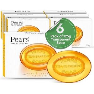 Pears Pure & Gentle Transparante zeepstukken met natuurlijke oliën, verrijkt met etherische oliën, dagelijks gebruik voor gezicht en lichaam, voor alle huidtypes, mannen en vrouwen, verpakking van 6