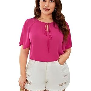 damestop in grote maten Plus blouse met strikhals en vlindermouwen (Color : Hot Pink, Size : XXL)