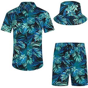 SPKPKEY Hawaïaans shirt en korte broek voor heren, 2-delig, casual, button-down-shirts, zomer, strandoutfits met emmermutsen, Groen & Bladeren, S