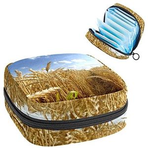 Periode Pouch, Draagbare Tampon Opbergtas voor Maandverband, Herfst Velden Tarwe Oor, Meerkleurig, 4.7x6.6x6.6 in/12x17x17 cm