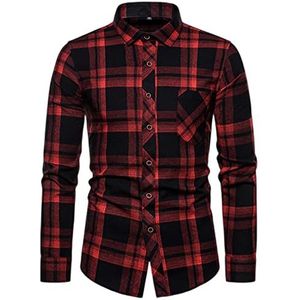 FAWHEWX Herenhemden, casual shirt met lange mouwen, geruit, geruit, regular fit, heren, ruitknopen, shirt, klassieke mode, casual, lange mouwen, geruit, geruit, met zakken, maat S - 4XL, O-rood 3, 3XL