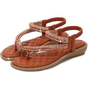 Xytraiihw Glitter Sandalen Vrouwen Zomer, Vrouwen Elastische Band Strass Sandalen Elegante Platte Schoenen Open Teen Slingback Strandschoenen Clip Teen Flip Flops,Bruin,36 EU