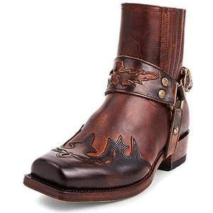 Heren Western Enkellaarzen Gesp Strap Laarzen Retro Lederen Vierkante Teen Cowboy Korte Laarzen Cowboy Motorlaarzen