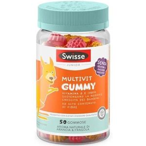 SWISSE Junior Multivit Gummy Multivitamine voor kinderen met vitamine D ter ondersteuning van de groei en ontwikkeling van botten, 50 gommen met jodium, met een hoog vezelgehalte, sinaasappel en
