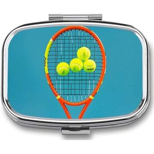 Grappige tennisrackets en tennisballen pillenetui met 2 compartimenten, pillenorganizer, draagbare vierkante pillendoos, vitaminepilorganizer voor zakportemonnee en reizen