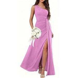 HPPEE Damesjurk met één schouder en split geplooide mouwloze chiffon formele avondjurk, roze, 32