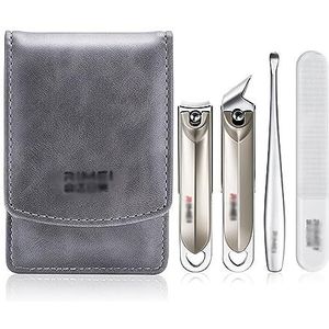 Manicureset, nagelknipperset, Set van 4 veelkleurige nagelknippers met leren etui roestvrij staal(Gris)