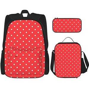 CARRDKDK Donkerpaarse textuur marmeren bedrukte rugzak 3-delige set schooltassen boekentas met lunchbox en etui set voor jongens meisjes, Rode en witte stippen, Eén maat