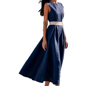 CupitiDU Elegante effen kleur mouwloze maxi-jurk met riem, zomer mouwloze ronde hals A-lijn vloeiende strandfeestjurken, Donkerblauw, XXL