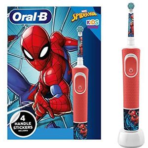 Oral-B Kids elektrische tandenborstel, geschenken voor kinderen, 1 tandenborstelkop, x4 Spiderman stickers, 2 modi met kindvriendelijke gevoelige modus, voor leeftijden 3+, 2 pins UK Plug, rood