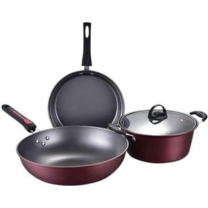 Pannenset Kookset 3 Stuks Pannenset Non-stick Soeppan Met Glazen Deksel Wok Koekenpan Smeedijzeren Kookpot Steelpan Set Keuken Kookgerei Set Kookpannensets