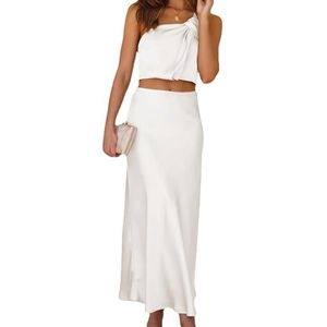 Elegante Satijnen Sets voor Dames, Mode Crop Tops Off-shoulder met Bodycon Lange Rok(Color:White,Size:S)