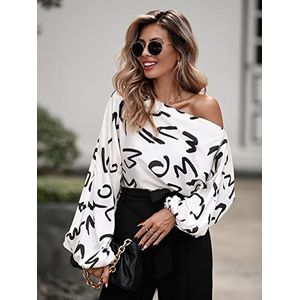 dames topjes Allover Print Asymmetrical Neck Lantern Sleeve Blouse (Color : Wei�, Size : L)