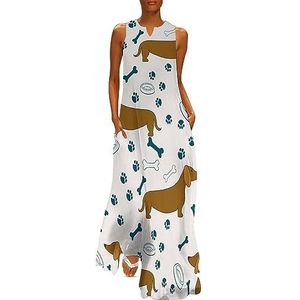 Cartoon teckels honden poot prints dames enkellengte jurk slim fit mouwloze maxi-jurken casual zonnejurk 4XL