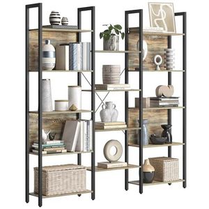 VASAGLE Boekenkast, 14-vaks staande boekenkast, plank met metalen frame, voor woonkamer, studeerkamer, kantoor, industrieel ontwerp, 24 x 158 x 166 cm, eikenkleur met blauwe nerf-zwart LLS107B60