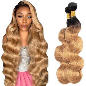 Salharer Body Wave Human Hair Bundles 2 Extension Machine Double Wefts 100% Unprocessed Brazilian Virgin Remy Weave Grade 8A Ombre Black to Blonde Color for Woman 14 16 Inch