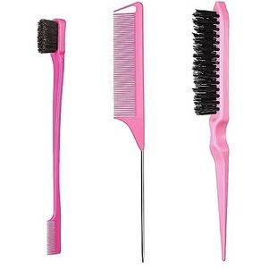 3-delige haarkam, dubbele randkam, rattenstaart-kam, borstelharen, haarknip, haarkam, kapperskam, haarborstel, voor kapper, thuis (roze)