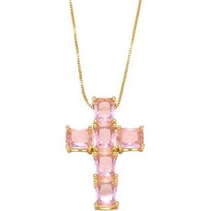 Dames CZ Kristallen Kruisketting Heiligen Koper Verguld Box Ketting Kruisketting Religieuze sieraden (Style : Pink)