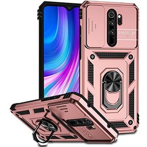 AMWEI Hoesje voor Xiaomi Redmi Note 8 Pro, schokbestendige TPU/pc-hoes met 360° draaibare ringstandaard en camerabescherming, anti-kras telefoonhoesje, roségoud